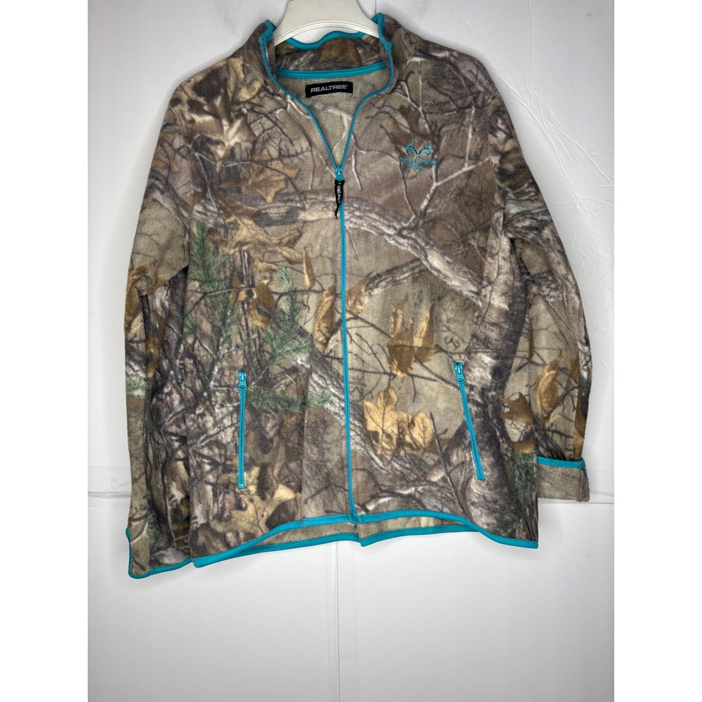 Realtree Xtra Camo Fleece Jacket Womens XL Full Zip Turquoise Trim‎ Thumbhole
